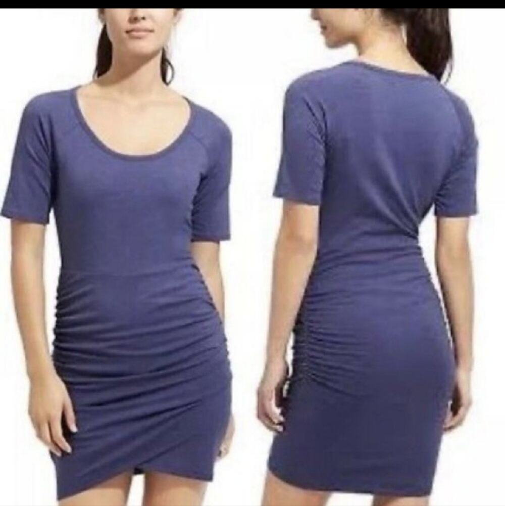 Athleta Seeker Tee Stretch Dress iDrewind Blue Tulip Wrap Hem Small